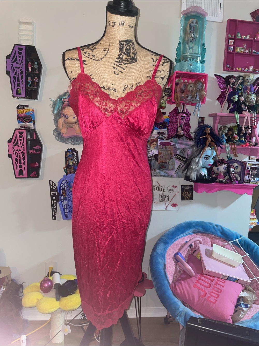 Red Lace-Trim Satin Slip Dress